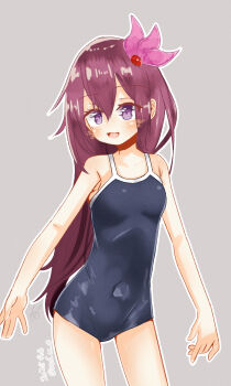 1girl black_one-piece_swimsuit blush breasts brown_hair collarbone cowboy_shot dated grey_background hair_ornament highres kantai_collection kisaragi_(kancolle) long_hair looking_at_viewer mf_u_c new_school_swimsuit one-hour_drawing_challenge one-piece_swimsuit open_mouth purple_eyes school_swimsuit small_breasts smile solo swimsuit twitter_username