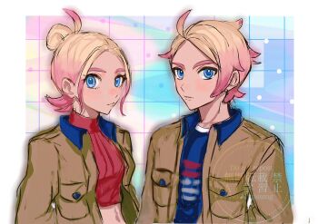 1boy 1girl ahoge blonde_hair blue_eyes blue_shirt border brown_jacket closed_mouth cropped_shirt eyelashes highres jacket mofumofuyarou nintendo outside_border parted_bangs parted_lips pokemon pokemon_legends:_z-a print_shirt red_shirt ribbed_shirt shirt taunie_(pokemon) turtleneck turtleneck_shirt upper_body urbain_(pokemon) watermark white_border
