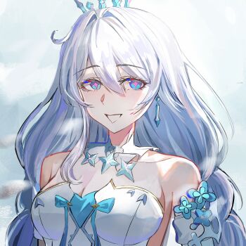 1girl 63_(lofter_258328038311) absurdres ahoge bare_shoulders blue_eyes breasts chinese_commentary cleavage commentary_request detached_sleeves diamond-shaped_pupils diamond_(shape) dress earrings highres honkai_(series) honkai_impact_3rd jewelry kiana_kaslana kiana_kaslana_(ba-dum!_fiery_wishing_star) kiana_kaslana_(wintery_wishes) large_breasts long_hair official_alternate_costume smile solo symbol-shaped_pupils tiara upper_body very_long_hair white_dress white_hair