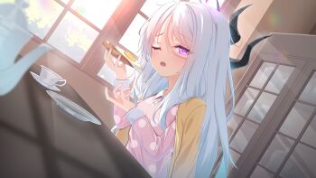 1girl absurdres black_horns blue_archive bread bread_slice cabinet cardigan cardigan_on_shoulders commentary_request counter cup demon_girl demon_horns dress food fried_egg fried_egg_on_toast from_side h_izumi4 hair_between_eyes halo highres hina_(blue_archive) hina_(pajamas)_(blue_archive) holding holding_food horns indoors long_hair looking_at_viewer multiple_horns official_alternate_costume one_eye_closed open_mouth pajamas pink_pajamas plate polka_dot polka_dot_dress polka_dot_pajamas polka_dot_shirt purple_eyes purple_halo saucer shirt solo sunlight teacup toast upper_body white_hair window yellow_cardigan