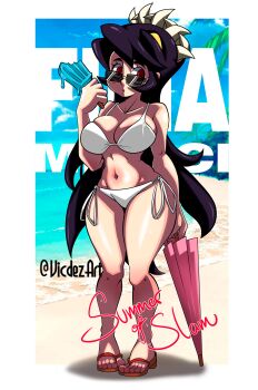 1girl absurdres beach beach_umbrella bikini black_hair breasts character_name cleavage closed_umbrella curvy day extra_mouth filia_(skullgirls) food full_body highres holding ice_cream large_breasts long_hair looking_at_viewer navel ocean outdoors palm_tree pigeon-toed pink_umbrella popsicle prehensile_hair red_eyes samson_(skullgirls) sandals side-tie_bikini_bottom skullgirls solo standing summer sunglasses swimsuit thick_thighs thighs tree twitter_username umbrella very_long_hair vicdezart white_bikini wide_hips