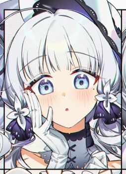 1girl azur_lane blue_eyes blunt_bangs cropped dl_(dl_6ix) flower gloves hair_flower hair_ornament hand_on_own_face hand_up hat illustrious_(azur_lane) looking_at_viewer low_twintails mole mole_under_eye purple_eyes solo twintails upper_body white_gloves white_hair white_hat