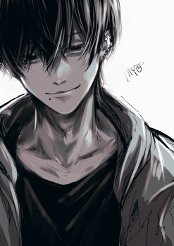 1boy absurdres black_eyes black_hair black_shirt chainsaw_man closed_mouth collarbone commentary_request crossed_bangs ear_piercing grey_jacket hair_between_eyes head_tilt highres jacket looking_at_viewer male_focus mole mole_under_mouth open_clothes open_jacket piercing shirt short_hair signature smile solo straight-on tayutaill upper_body yoshida_hirofumi