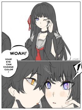 ! .osari 1boy 1girl arm_cutout artist_name black_choker black_hair black_jacket black_shirt blue_eyes chisa_(wuthering_waves) choker clothing_cutout english_text eye_contact grey_sailor_collar hair_ribbon highres jacket light_blush long_sleeves looking_at_another male_rover_(wuthering_waves) mole mole_under_eye neckerchief parted_lips red_neckerchief red_ribbon ribbon rover_(wuthering_waves) rubbing_eyes sailor_collar shirt spoilers spoken_exclamation_mark wuthering_waves yellow_eyes
