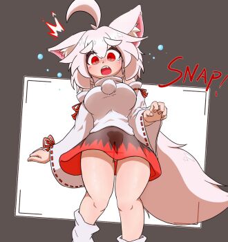 1girl ahoge animal_ear_fluff animal_ears bare_shoulders black_skirt blush breasts camera_view crying crying_with_eyes_open detached_sleeves heart highres inubashiri_momiji large_breasts looking_at_viewer open_mouth panties red_eyes red_skirt sharp_teeth shirt short_hair shun_s86 skirt sleeveless sleeveless_shirt solo standing tail tears tears_from_one_eye teeth touhou turtleneck turtleneck_shirt two-tone_skirt underwear white_hair white_panties white_shirt white_sleeves wolf_ears wolf_girl wolf_tail