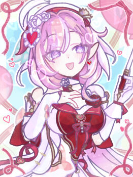 1girl breasts commentary_request dress earrings elysia_(hi_love_elf)_(honkai_impact) elysia_(honkai_impact) hair_ornament hand_on_own_chest hat heart heart_earrings heart_hair_ornament highres holding holding_wand honkai_(series) honkai_impact_3rd jewelry large_breasts multicolored_hair pink_hair pointy_ears solo streaked_hair upper_body wand weizhi_(micimicimicimic) white_dress white_hat