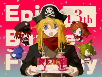 Rule 34 | 2boys, 2girls, :d, animal, anna (epic battle fantasy), anonymous1203, black hat, blonde hair, blue eyes, blue fur, blue tail, braid, brown dress, cake, cat, chibi, chibi inset, confetti, dress, epic battle fantasy, fang, flower, food, gradient background, green hair, hair flower, hair ornament, hair over one eye, happy, happy birthday, hat, highres, holding, holding cake, holding food, holding plate, lance (epic battle fantasy), long hair, looking at viewer, matt (epic battle fantasy), multiple boys, multiple girls, natalie (epic battle fantasy), neckerchief, nolegs (epic battle fantasy), open mouth, orange hair, pirate hat, plate, red dress, red eyes, red flower, red hair, red neckerchief, red rose, rose, smile, v