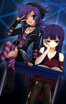 2girls boots doll_(murder_drones) face_piercing fingerless_gloves glitch_productions gloves hat highres humanization long_hair multiple_girls murder_drones nose_piercing one_eye_closed piercing purple_hair red_eyes short_hair striped_clothes striped_thighhighs thighhighs uzi_(murder_drones) wink