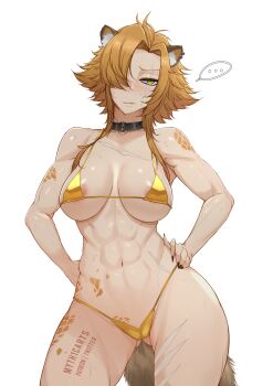 ... 1girl abs absurdres alternate_costume animal_ear_fluff animal_ear_piercing areola_slip artist_name averting_eyes bare_arms bare_shoulders belt_collar bikini black_nails blush body_markings breasts breasts_apart brown_hair collar commentary contrapposto cowboy_shot curtained_hair fang fingernails forehead gluteal_fold gold_bikini golden_week green_eyes hair_over_one_eye hands_on_own_hips highleg highleg_bikini highres hyena_ears hyena_girl hyena_tail chromashift large_breasts medium_hair micro_bikini myth1carts navel one_eye_covered scar scar_across_eye scar_on_chest scar_on_face scar_on_leg scar_on_stomach sharp_fingernails shy sidelocks simple_background skin_fang solo stomach sweat swimsuit thick_thighs thighs toned toned_female virtual_youtuber white_background yena_youngblood