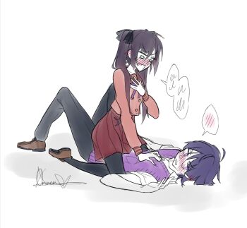 1boy 1girl alternate_costume aqua_eyes artist_name averting_eyes black_bow black_hair black_pants black_pantyhose blunt_ends blush bow brown_shoes contemporary ear_blush embarrassed full_body genshin_impact girl_on_top gold_trim hair_bow hand_on_own_chest hetero long_hair long_sleeves lying mona_(genshin_impact) on_back open_mouth oriana0w0 pants pantyhose pink_eyes pink_serafuku pleated_skirt purple_hair purple_sweater_vest red_sailor_collar red_skirt red_sleeves sailor_collar scaramouche_(genshin_impact) school_uniform serafuku shadow shirt shoes sidelocks signature sitting sitting_on_person skirt speech_bubble spoken_blush straddling sweater_vest twintails undershirt uwabaki v-shaped_eyebrows white_background white_shirt wide-eyed wispy_bangs