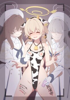 3girls absurdres alternate_costume animal_ears animal_print bell beret blonde_hair blue_archive blush body_writing breasts brown_hair closed_eyes commentary_request cow_ears cow_horns cow_print cowbell double_v dress ear_tag faceless faceless_female fake_animal_ears fake_horns gluteal_fold grey_hair hair_ornament hairclip halo hat hifumi_(blue_archive) highres horns long_hair long_sleeves low_twintails mikokomiyazawa multiple_girls neck_bell neckerchief nipple_cutout nipple_stimulation nipple_tweak nipples one-piece_swimsuit print_swimsuit remote_control_vibrator revealing_clothes sailor_collar sex_toy super_highleg swimsuit tea_party_militant_(blue_archive) trinity_general_school_logo twintails v vibrator white_dress white_hat white_sailor_collar winged_halo yellow_halo yuri