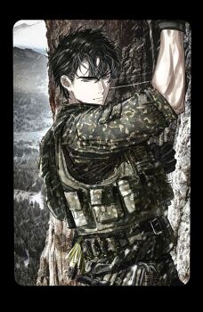1boy belt black_gloves black_hair camouflage camouflage_shirt camouflage_vest climbing_tree commentary cowboy_shot curtained_hair explosive glint gloves grenade hair_between_eyes highres male_focus mountainous_horizon muscular muscular_male omniscient_reader&#039;s_viewpoint outdoors serious shirt short_hair solo symbol-only_commentary toupou39 tree yoo_joonghyuk