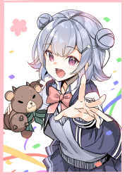 1girl absurdres ajishio ascot blazer blue_jacket blue_skirt bow bowtie cevio claws commentary confetti double_bun flower foreshortening green_bow green_bowtie grey_hair grey_sweater hair_bun hair_ornament hairclip highres holding holding_stuffed_toy horns jacket koharu_rikka lakiston leaning_forward looking_at_viewer miniskirt open_mouth outstretched_arm pink_bow pink_bowtie pleated_skirt purple_eyes reaching reaching_towards_viewer short_hair skirt stuffed_animal stuffed_toy sweater synthesizer_v teddy_bear upper_body