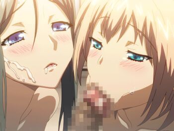 1boy 2girls :&gt;= animated animated_gif aqua_eyes bad_tag blue_eyes blush censored cum cum_in_mouth cum_on_body facial fellatio helmet indoors interior kamimura_chika kamimura_haruka kouzaka_kouhei long_hair looking_at_viewer multiple_girls nipples nude open_mouth oral penis pov saliva short_hair siblings sisters sisters_~natsu_no_saigo_no_hi~ sweat tears