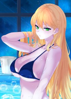 1girl artoria_pendragon_(fate) artoria_pendragon_(lancer)_(fate) bare_shoulders bikini black_bikini blonde_hair blush breasts cleavage fate/grand_order fate_(series) green_eyes highres kayu_manis19 large_breasts long_hair looking_at_viewer navel solo swimsuit