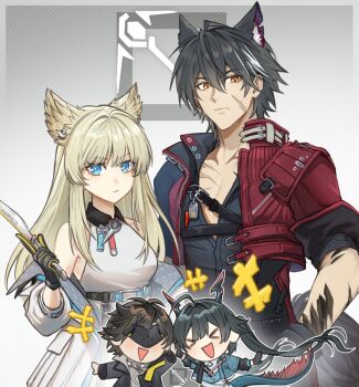 Rule 34 | > <, 2boys, 2girls, animal ear fluff, animal ears, arknights, arknights: endfield, bare shoulders, belt, bird ears, bird girl, black coat, black gloves, black hair, black pants, blonde hair, blue eyes, blue horns, blue tail, blush, breasts, caster (arknights), chen qianyu (arknights), closed mouth, coat, collarbone, commentary, cowboy shot, dragon girl, dragon horn, dragon horns, dragon tail, dress, eastern dragon horns, eastern dragon tail, endministrator (arknights), english commentary, expressionless, facial scar, gloves, guard (arknights), hand up, high belt, high five, highres, hood, hooded coat, horns, jacket, long hair, long sleeves, looking at viewer, lumbbyz, male endministrator (arknights), medium breasts, multiple boys, multiple girls, off shoulder, open clothes, open jacket, open mouth, orange eyes, pants, perlica (arknights), red tail, scar, scar on cheek, scar on face, short hair, sleeveless, sleeveless dress, smile, sweater, tail, twintails, two-tone gloves, white dress, white jacket, wolf boy, wolf ears, wulfgard (arknights)