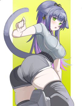Rule 34 | 1girl, absurdres, animal ears, arknights, ass, black hair, blush, breasts, cat ears, cat girl, cat tail, commentary request, dolphin shorts, from behind, green eyes, grey shirt, grey shorts, grey thighhighs, highres, jessica (arknights), jessica the liberated (arknights), large breasts, looking at viewer, looking back, multicolored hair, open mouth, ponytail, purple hair, shirt, shoe soles, shoes, short shorts, short sleeves, shorts, solo, spam (spamham4506), sweat, tail, thighhighs, two-tone hair, white shoes, yellow background