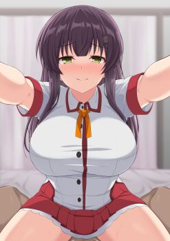 1boy 1girl black_hair breasts closed_mouth commission cowgirl_position dark-skinned_male dark_skin dot_nose girl_on_top green_eyes hair_down hair_ornament hairclip hetero highres implied_sex implied_vaginal interracial large_breasts long_hair looking_at_viewer maruta_(denmasked) outstretched_arms pov raised_eyebrows red_skirt school_uniform shirt skeb_commission skirt smile spread_arms straddling sweat toji_no_miko upright_straddle variant_set white_shirt yanase_mai