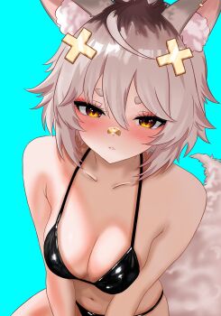 1girl absurdres animal_ear_fluff animal_ears aqua_background bandaid bandaid_on_face bandaid_on_nose bare_shoulders bikini black_bikini blush breasts brown_hair cleavage dfswift eyelashes eyeshadow hair_between_eyes hair_ornament highres indie_virtual_youtuber large_breasts looking_at_viewer makeup red_eyeshadow shiny_swimsuit shirahiko_(vtuber) short_eyebrows short_hair simple_background solo string_bikini swimsuit tail virtual_youtuber x_hair_ornament