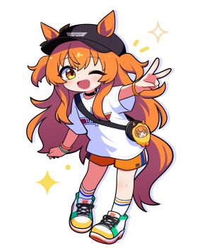1girl absurdres alternate_costume animal_ears bag baseball_cap blush bow brown_ribbon chibi commentary_request ear_bow ear_ribbon ears_through_headwear hair_between_eyes hat highres horse_ears horse_girl horse_tail jorang_(jorang08) korean_commentary long_hair looking_at_viewer mayano_top_gun_(umamusume) one_eye_closed open_mouth orange_eyes orange_hair orange_shorts orange_tail ribbon school_bag shirt shoes short_sleeves shorts smile socks solo tail top_gun two_side_up umamusume white_shirt white_socks