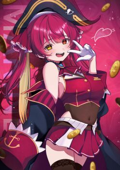 Rule 34 | 1girl, absurdres, black coat, black hat, black leotard, black thighhighs, blush, breasts, chameleon (chameleon0613), character name, coat, commentary request, cropped jacket, fang, gloves, hat, heterochromia, highres, hololive, houshou marine, houshou marine (1st costume), jacket, large breasts, leotard, leotard under clothes, pirate hat, red background, red coat, red eyes, red hair, red jacket, sleeveless, sleeveless jacket, smile, solo, thighhighs, two-sided coat, two-sided fabric, v, virtual youtuber, white gloves, yellow eyes