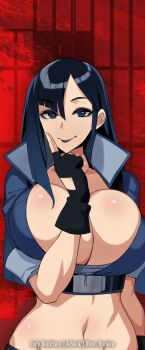 1girl artist_name blue_eyes blue_hair bonkiru breasts character_name fingerless_gloves gloves highres huge_breasts judy_(waifusplit) lips long_hair looking_at_viewer navel pointing pointing_up red_background smile waifusplit
