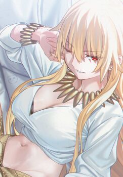 1girl aora blonde_hair bracelet breasts cleavage cropped_shirt fate/stay_night fate_(series) genderswap genderswap_(mtf) gilgamesh_(fate) grin jewelry large_breasts long_hair long_sleeves looking_at_viewer midriff navel necklace one_eye_closed red_eyes shirt skirt smile solo white_shirt yellow_skirt