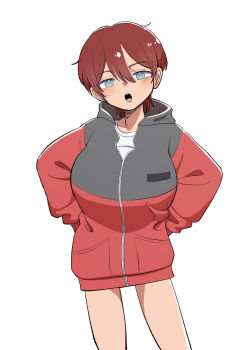 1girl :o arms_behind_back blue_eyes breasts brown_hair coat commentary_request gouhourairaku_(goohourairaku) hair_between_eyes highres large_breasts looking_at_viewer original red_coat solo standing tomboy white_background