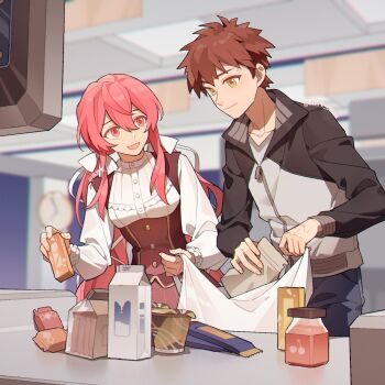 1girl bag black_jacket bread cupboard drink_carton emiya_shirou fate/stay_night fate_(series) food gaoyue_jixiang grocery_bag highres jacket kitchen long_hair milk milk_carton oc_x_canon orange_hair original paper_bag pink_eyes pink_hair plastic_bag red_hair shopping shopping_bag skirt smile white_jacket