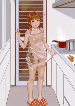 1girl absurdres apron apron_hold apron_lift argyle_clothes argyle_footwear blunt_bangs blush boiling breasts brown_eyes brown_hair carrot cellphone closed_mouth clothes_lift commentary cooking cooking_pot cutting_board exhibitionism groin hand_up highres holding_tool kitchen kitchen_hood lifting_own_clothes light_blush looking_at_viewer naked_apron navel nipples nude orange_slippers original peeler phone phone_in_pocket pink_lips pocket ponytail pubic_hair public_indecency raised_eyebrows see-through_apron see-through_clothes shimokori shoulder_blush sidelocks slippers small_breasts smartphone smile solo standing steam stove tile_floor tiles