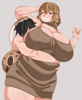 1boy 1girl arm_behind_head belly_grab black_hair breasts brown_dress brown_eyes brown_hair brown_tail closed_mouth cowboy_shot dress earrings fat fat_woman grabbing_from_behind grey_background hair_between_eyes half-closed_eye hetero highres huge_breasts icecube2lazy jewelry medium_hair mole mole_under_eye one_eye_closed original plump simple_background sleeveless sleeveless_dress solo_focus sweat thick_arms thick_thighs thighs tongue tongue_out