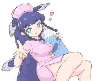 1girl absurdres bare_legs blue_eyes blue_hair blunt_bangs blush braid coelacanth_(kemono_friends) dress fins fish_girl hat head_fins heart high_collar highres kemono_friends large_syringe long_hair looking_at_viewer multicolored_hair nokemono-san_(bocchi_friend) nurse nurse_cap oversized_object pink_dress short_sleeves side_braid smile solo syringe