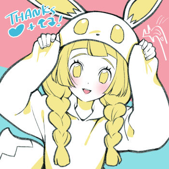 1girl :d alternate_costume arms_up blonde_hair blush braid cosplay eevee eevee_(cosplay) eevee_ears eevee_tail eyelashes gen_1_pokemon happy highres kinocopro lillie_(pokemon) limited_palette long_hair long_sleeves looking_at_viewer milestone_celebration nintendo no_pupils onesie open_mouth pokemon pokemon_sm sleeves_past_wrists smile solo teeth thank_you twin_braids upper_body upper_teeth_only yellow_eyes