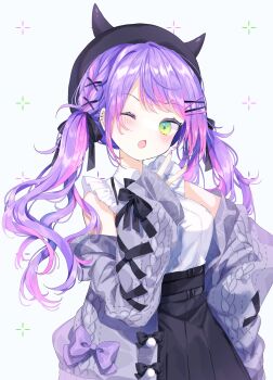 Rule 34 | 1girl, ;d, absurdres, black hat, black horns, black skirt, bow, cardigan, collared shirt, commentary, cowboy shot, fang, fuinagi (huyuu mm), green eyes, green nails, grey cardigan, hair ornament, hairclip, hand on own hip, hand up, hat, highres, hololive, horns, long sleeves, looking at viewer, multicolored hair, multicolored nails, nail polish, off shoulder, one eye closed, open cardigan, open clothes, open mouth, parallel hairclips, parted bangs, pink hair, pink nails, purple bow, purple hair, shirt, simple background, skirt, sleeveless, sleeveless shirt, sleeves past wrists, smile, solo, sparkle, streaked hair, tokoyami towa, twintails, two-tone hair, v, virtual youtuber, white background, white shirt, x hair ornament