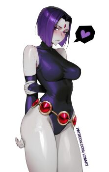 1girl :/ absurdres arms_behind_back blush breasts bridal_gauntlets colored_skin covered_erect_nipples covered_navel dc_comics forehead_jewel grey_skin heart heart-shaped_pupils highleg highleg_leotard highres holding_own_arm large_breasts leotard limart paid_reward_available purple_hair raven_(dc) short_hair solo spoken_heart sweat symbol-shaped_pupils teen_titans thighs