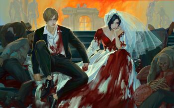 Rule 34 | 1boy, 1girl, ada wong, belt, belt buckle, black belt, black eyes, black hair, black jacket, black pants, black shoes, black suit, blonde hair, blood, blood on clothes, blood on face, blood on hands, blue eyes, breasts, bridal veil, bride, buckle, cleavage, collarbone, collared shirt, commentary, couple, dress, dress shoes, english commentary, flower, formal clothes, gate, groom, hair flower, hair ornament, head on hand, hetero, highres, holding, holding hands, holding knife, husband and wife, interlocked fingers, jacket, jewelry, knife, leon s. kennedy, long dress, medium breasts, pants, parted bangs, peanut9021, puffy sleeves, red lips, resident evil, ring, shirt, shoes, short hair, sitting, skeleton, stairs, suit, suit jacket, veil, wedding, wedding dress, wedding ring, white dress, white shirt, zombie