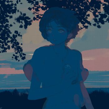 1girl :o aegyo_sal bangqiao_yan black_hair bob_cut can drink_can floating_hair grass highres holding holding_can horizon limited_palette looking_at_viewer midriff mountainous_horizon muted_color original outdoors parted_lips short_hair solo sunset tree upper_body wind