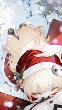 1girl ^_^ absurdres bell blonde_hair christmas closed_eyes commentary_request dress fur-trimmed_dress fur-trimmed_headwear fur_trim hair_bell hair_ornament hands_on_another's_head hat highres long_hair red_dress red_hat renoahh santa_costume santa_dress santa_hat solo_focus speaki_(trickcal) trickcal yurie_mouth