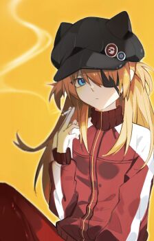 1girl animal_hat black_hat blue_eyes cat_hat cigarette closed_mouth commentary evangelion:_3.0_you_can_(not)_redo expressionless eyepatch hat hat_pin hat_with_ears high_collar holding holding_cigarette jacket lethe_(jiaodidezheshelu) long_hair neon_genesis_evangelion orange_background orange_hair pants rebuild_of_evangelion red_jacket red_pants red_track_suit simple_background sitting smoke solo souryuu_asuka_langley track_jacket track_suit two_side_up