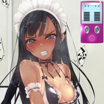 1girl arm_garter bare_shoulders bikini black_bikini black_eyes black_hair blush breasts cleavage clenched_teeth collarbone controller covered_erect_nipples embarrassed frilled_bikini frills hair_ornament hairclip half-closed_eyes hime_cut long_hair looking_at_viewer maid maid_bikini maid_headdress medium_breasts murakami_suigun neck_ribbon one-piece_tan original remote_control ribbon shiny_skin side-tie_bikini_bottom solo standing sweat swept_bangs swimsuit tan tanline tears teeth unconventional_maid underwear