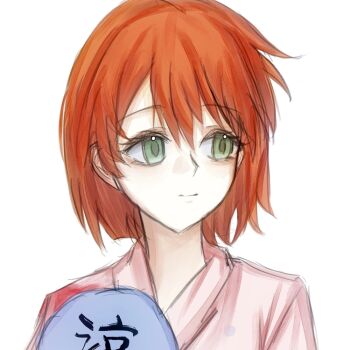 1girl artist_request bob_cut closed_mouth green_eyes hair_between_eyes hand_fan holding holding_fan japanese_clothes kimono light_smile looking_to_the_side misty_(pokemon) nintendo orange_hair paper_fan pink_kimono pokemon pokemon_(anime) pokemon_(classic_anime) pokemon_ep020 red_hair robe short_hair sideways_glance smile solo source_request uchiwa upper_body yukata