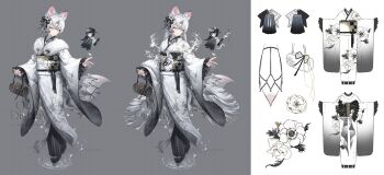 1girl animal_ear_fluff animal_ears bag blue_eyes character_request commentary copyright_request fish flower grey_background highres japanese_clothes kimono looking_at_another multiple_views original simple_background standing wangwanghan0723 water white_background white_hair white_kimono