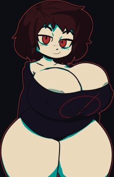 1girl alternate_breast_size_(larger) areola_slip arms_behind_back bad_id bad_twitter_id black_shirt breasts brown_hair cleavage closed_mouth covered_erect_nipples huge_breasts looking_at_viewer milk-chan_(milk_series) milk_inside_a_bag_of_milk_inside_a_bag_of_milk outline print_shirt red_eyes red_outline shirt short_hair skindentation smile smug solo spurhuns thick_thighs thighs