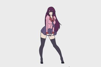 1girl :d animated animated_gif arms_up bakemonogatari black_necktie blazer blouse bouncing_breasts breasts contrapposto dancing female_focus full_body grey_background jacket kuso_otoko large_breasts legs_apart long_hair long_sleeves looping_animation me!me!me! me!me!me!_dance_(meme) meme monogatari_(series) necktie open_mouth parody pink_jacket pink_shirt pleated_skirt pointing pointing_at_self purple_hair purple_skirt senjougahara_hitagi shirt simple_background skirt smile solo standing thighhighs v_arms very_long_hair zettai_ryouiki