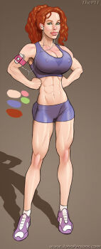 1girl abs artist_name bike_shorts blue_shorts blue_sports_bra breasts brown_background brown_hair cleavage collarbone earbuds earphones forehead full_body green_eyes hands_on_own_hips knees large_breasts light_smile linea_alba looking_at_viewer lowleg lowleg_shorts micro_shorts navel pink_lips ponytail purple_shoes scoop_neck shoes shorts single_sidelock sleeveless socks sports_bra standing sweaty_clothes tagme taut_clothes thick_lips toned toned_female watermark web_address white_socks