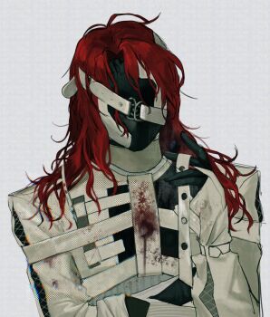 1boy aleph_(reverse:1999) black_gloves black_mask covered_face cracked_mask dice facing_viewer gloves grey_background hand_up highres long_hair male_focus polyhedral_dice reverse:1999 shirt solo upper_body watermark white_shirt xjsbca