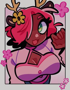 1girl :3 animal_ears antlers border breasts cleavage cleavage_cutout clothing_cutout commentary dark-skinned_female dark_skin deer_antlers deer_ears deer_girl eyelashes flower green_eyes grey_border hair_flower hair_ornament hair_over_one_eye haylsketches horns long_sleeves open_mouth original pink_flower pink_hair pink_shirt shirt short_hair smile solo symbol-only_commentary yellow_flower
