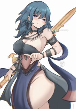 1girl absurdres alternate_costume ancient_greek_clothes armlet black_dress blue_eyes blue_hair blush breasts chascoby choker_jewel cleavage closed_mouth dancer dancer_(fire_emblem:_three_houses) dress female_byleth_(fire_emblem) fire_emblem fire_emblem:_three_houses greco-roman_clothes hair_between_eyes highres holding holding_sword holding_weapon jewelry large_breasts long_hair looking_at_viewer medium_hair nintendo pelvic_curtain simple_background single-shoulder_dress single_bare_shoulder single_strap solo sword sword_of_the_creator weapon white_background