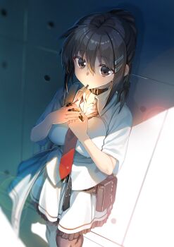 1girl absurdres belt_collar blurry blush breasts brown_eyes brown_hair cigarette collar collarbone collared_shirt depth_of_field dress_shirt eyelashes feet_out_of_frame frilled_skirt frills hair_between_eyes hair_ornament hairclip hands_up highres holding holding_lighter indoors kagome_(traumatize) large_breasts lens_flare lighter long_hair looking_at_viewer making-of_available minakami_yuki miniskirt necktie paid_reward_available parallel_hairclips ponytail red_necktie school_uniform shirt short_sleeves sidelocks skirt smoking solo standing subarashiki_hibi underlighting upturned_eyes white_shirt white_skirt