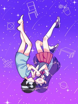 Rule 34 | 1boy, 1girl, bandaged head, bandages, barefoot, black hair, closed eyes, collared shirt, commentary, eyepatch, highres, holding hands, hospital gown, interlocked fingers, kneehighs, long hair, medical eyepatch, neckerchief, omori, open mouth, parted lips, pleated skirt, purple hair, purple shoes, purple sky, purple sweater vest, red neckerchief, red skirt, reii163, shirt, shoes, short hair, skirt, sky, smile, socks, sunny (hospital gown) (omori), sunny (omori), sweater vest, teeth, upper teeth only, upside-down, white shirt, white socks